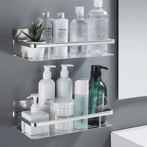 Lot de 2 Etagere Douche sans Percage, Etagere Murale Salle de Bain Aluminium, ablette de douche pour Salle de Bain, Cuisine, Chambre, Argenté (1/5)