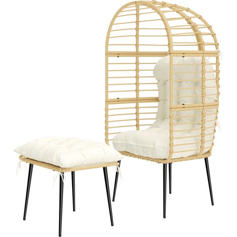 Fauteuil de jardin œuf rotin avec repose-pieds, coussins longs et épais, cadre métallique, beige (1/5)