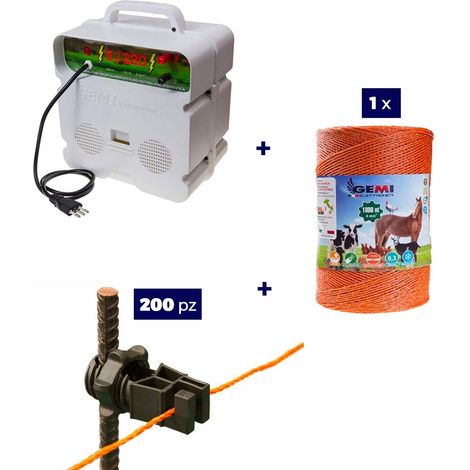 Kit completo per recinto elettrico con 1 x Elettrificatore 220V + 1 x Filo 1000 MT 4 Mm² + 200 pezzi isolatori per paletti in ferro - Recinzione Elettrica Rete Elettrica per animali cavalli mucche mai