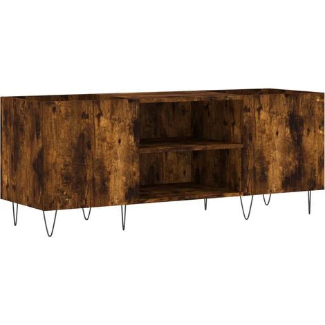 Mobile porta dischi in legno composito effetto rovere affumicato 121 x 38 x 48 cm con vano contenitore e stile industriale 020049093