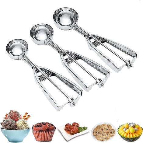 Ensemble de 3 cuillères à biscuits en acier inoxydable avec déclencheur, grandes/moyennes/petites, pour la cuisson des biscuits. (1/5)