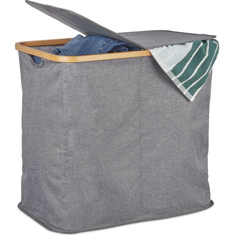 Relaxdays Laundry Hamper with Lid, Folding Clothes Sorter, Bamboo & Fabric, 2 Compartments, 74 Litres, Grey (1/5)