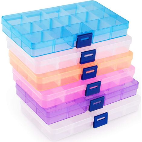 Boîte de rangement à bijoux 6 pièces, compartiments multiples (15 casiers, 5 teintes), coffret transparent en plastique pour colliers, boucles d'oreilles, pilules, organiseur d'accessoires de bureau. (1/5)