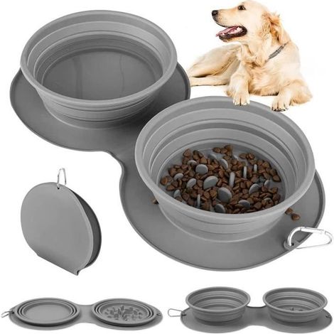 (gris)Gamelles Pliables pour Chien et Chat, Gamelle Anti Glouton Chien en Silicone avec ​Mousqueton pour Chat et Chiot Extérieur Voyage (1/4)