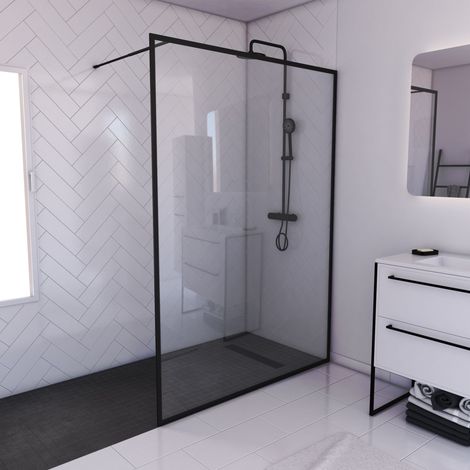 paroi de douche 140x200 cm - cadre et bras aluminium noir mat - dark contouring (1/5)