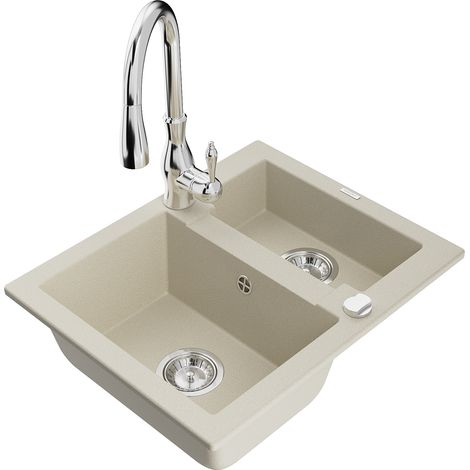 Mexen Carlos lavello in granito 1,5 vasche con rubinetto da cucina Savita, beige - 6518-69-672601-00 (1/5)