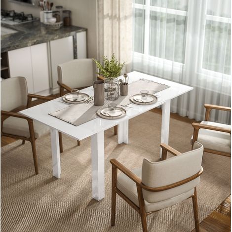 Tavolo da pranzo allungabile 120x80x78 cm bianco in MDF lucido con prolunga a farfalla e design salvaspazio (1/5)