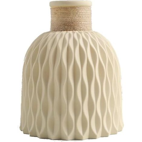 Vase en plastique beige, 12 x 14,5 cm – motif ondulé – convient aux fleurs séchées et à la décoration moderne. (1/5)