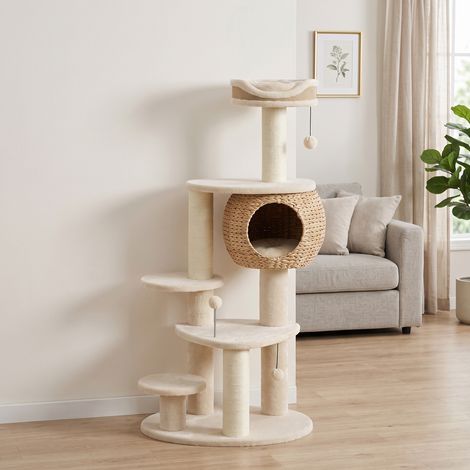 Arbre à Chat Tour pour Chat en Rotin Design 4 Niveaux avec Niche Quenouille Panier Jute et Coussin 132cm Beige (1/5)