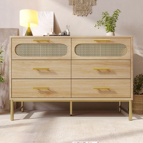 Commode en rotin avec 6 tiroirs, buffet/coiffeuse pour salon et chambre, poignées en métal, système anti-basculement – 120x40x74 cm, chêne Sonoma