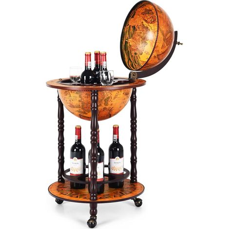 COSTWAY Weinregal auf Rollen Globusbar Weltkugel Barwagen Servierwagen , Retro, Globus Bar, 2 Ebenen Hausbar, Holz, Weinstaender, für Wein, Spirituosen, Getraenke