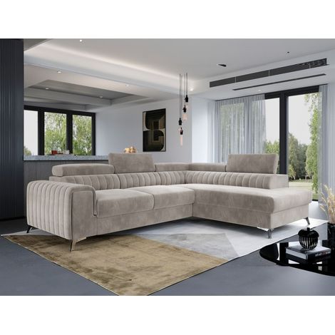 Ecksofa mit Schlaffunktion Sofa ELENI Stoff Paros Beige Ottomane Rechts (1/4)