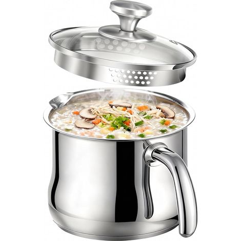Casserole à lait en acier inoxydable de 2 litres avec couvercle, double paroi, mijoteuse avec sifflet, casserole à induction avec poignée, convient pour cuisinières à gaz, électriques et à induction (1/5)