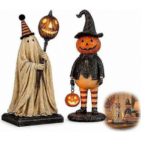 Figurine lumineuse vintage en résine pour Halloween, statue de fantôme/homme-citrouille citrouille lumineuse, décoration de table fantaisiste et effrayante, lanterne LED décorative pour cheminée. (1/5)
