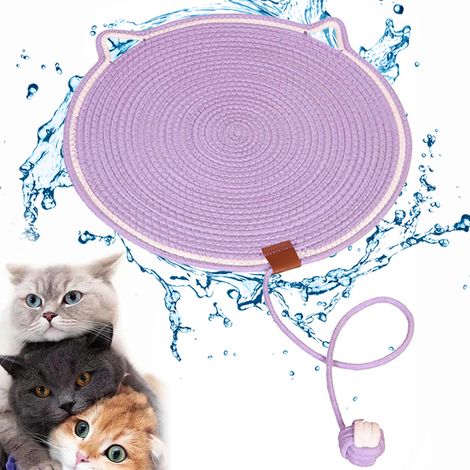 Tapis pour chat, résistant aux griffures et à l'usure, tapis à balle auto-stimulant, rond, en coton naturel, violet, 50 x 50 cm, avec jouet (1/5)