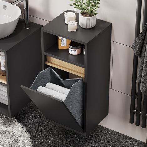 Mobiletto da bagno Viola, Grigio/Artisan, 38 x 80 cm con cesto portabiancheria, Vicco
