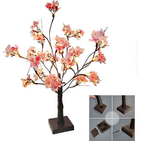 Dekorativer künstlicher Kirschblütenbaum mit LED-Beleuchtung, 24 warmweißen LEDs, flexiblen Zweigen, Maße 55 x 10 cm, Gewicht 350 g, Material: ABS, Betrieb über USB oder AA-Batterien möglich