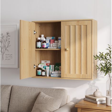 Pensile da bagno a 2 ante, armadietto portasapone 61,5 x 20 x 56 cm, rovere, REDOM (1/5)