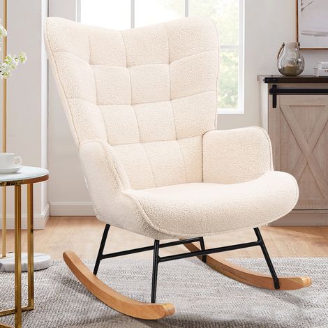 ADWOLT Fauteuil à Bascule - Beige - Scandinave - Rocking Chair - Pieds en Métal et en Bois Massif - Salon -chambre à coucher -92 × 68 × 75 cm
