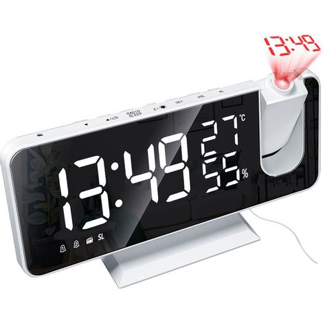 Réveil à projection miroir, réveil, compteur de température et d'humidité, radio, fonction de chargement de téléphone portable quatre en un, Blanc, polices blanches (1/5)