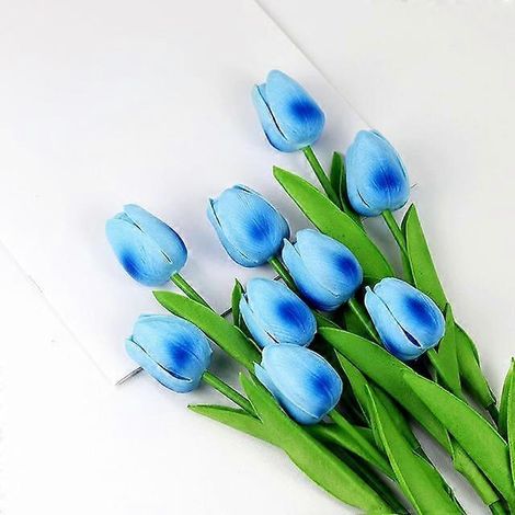 bouquet de tulipes artificielles de 34 cm en PU, aspect réaliste, idéal pour Noël, Halloween, un mariage ou une fête. Fleurs artificielles.bleu clair (1/5)