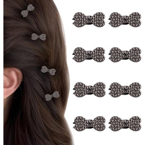 8 Mini-Haarschleifen aus Metall mit Strasssteinen – Schwarz – Kleine Krokodilklemmen zum Stylen und für Ponyfrisuren (1/3)