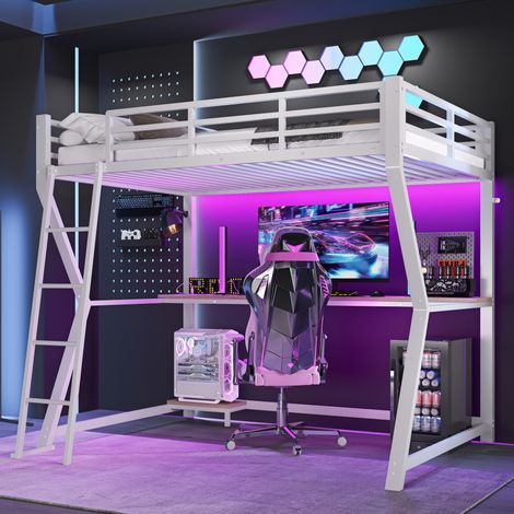 Letto rialzato bambini 90x200 cm con illuminazione LED, scrivania e porta USB, in metallo, senza materasso, bianco (1/5)
