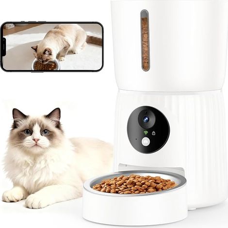 Automatic Cat Food Dispenser, Camera with Night Vision, WiFi Feeder for Cat/Dog with Two-Way Audio, Dual Power (White) (1/5)