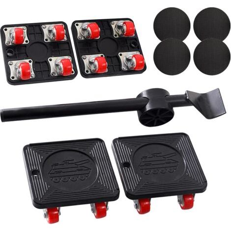 roulettes pour Meubles Set De 9 Pièces Leve Meuble Planche Roulette Demenagement 4 roulettes De Transport 360 Degrés Pivotant Roue PU Pastilles Antidérapantes Barre à Mine Max for 400kg (1/5)
