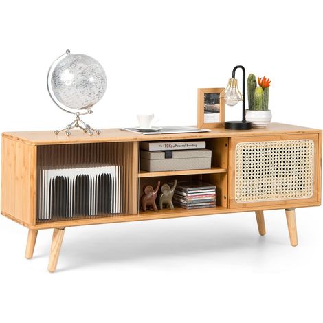 GOPLUS Meuble TV en Bambou pour TV 55", 2 Portes Coulissantes en Rotin,Verre Trempé,Pieds en Bois d'Hévéa,120X31X45CM (1/5)