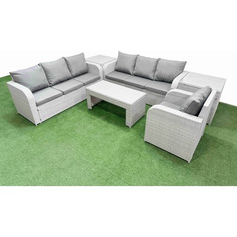 Fimous 7 Seater Poly Rattan Outdoor Garden Furniture Oblong Coffee Table Sofa Set Patio 3 Seater Sofa Reclining Chair 3 Seater Sofa 2 Side Table Light Grey (1/4)