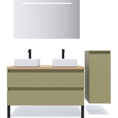 Meuble de salle de bain suspendu 2 vasques à poser 120cm 2 tiroirs Vert olive + miroir + colonne ouverture droite - Hudson (1/5)