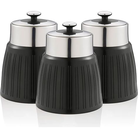 SWAN SWKA1024BN Set 3 Botes Cocina Almacenaje 1,2 L, Plástico y Acero Inox, Especias, Té ,Café, Retro, Vintage Negro (1/4)
