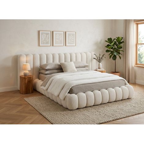 Lit double en tissu bouclette beige 180x200 cm GRETA