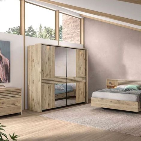Chambre complète lit 140x190cm + tête de lit avec chevet et leds + commode + armoire aspect bois et noir - NIKITA