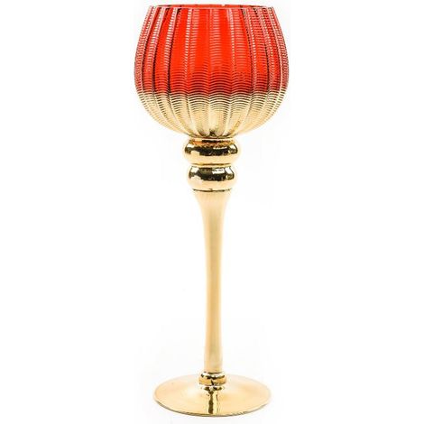 Calice portacandela in vetro con base color oro per decorazioni natalizie -Rosso / 40 cm