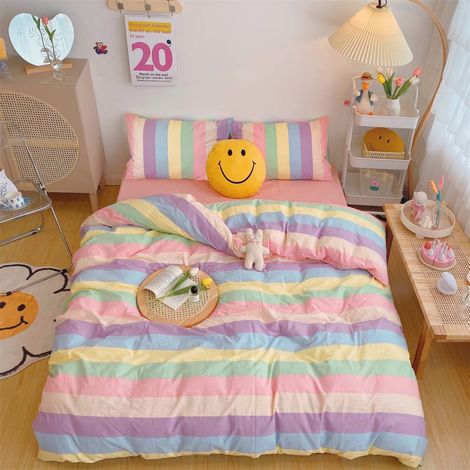 Parure de lit pour fille multicolore 140x200 Parure de lit enfant Motif rayures arc-en-ciel Fermeture éclair avec housse de couette et taie d'oreiller 70x90 cm (1/5)