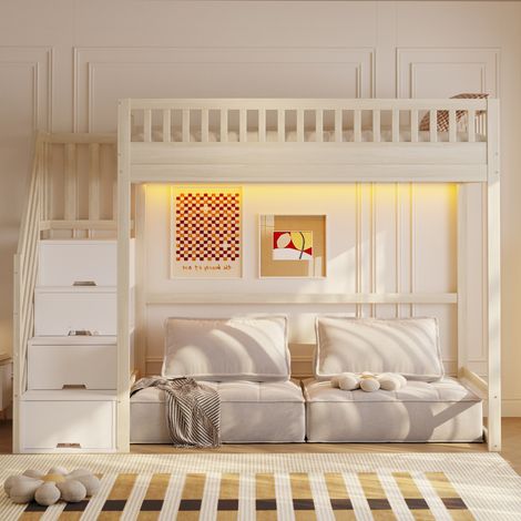 Cama alta 90x200 cm de madera blanca y natural con LED, ahorra espacio, sin colchón – MEUBLIV (1/5)