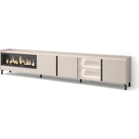 Skraut Home - Meuble TV, Banc Télé, Grand espace de Rangement, 315x35x61cm, Pour les TV jusqu'à 80", Cheminée électrique XXL, Design industriel, LED, Style moderne, Beige (1/5)