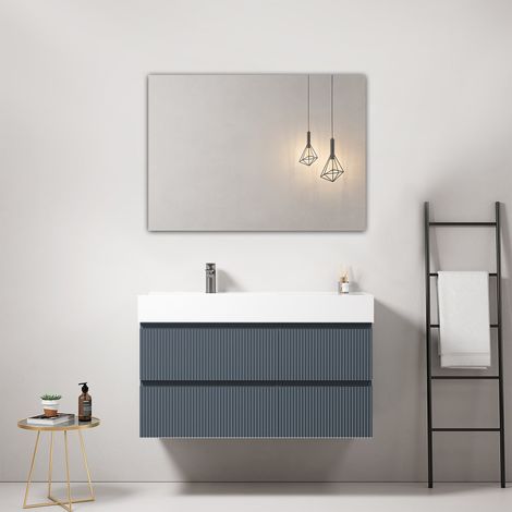 Mobile bagno sospeso cannettato 100 cm Blu Mare Lavabo a Sinistra in Resina Specchio Quadro - Fiji Paint (1/4)