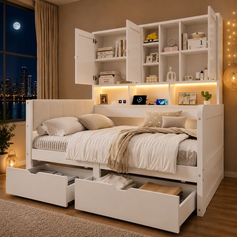 Cama infantil 205x114.5x153.5 cm, con almacenaje, LED y USB, cabecero tapizado PU, MDF blanca (1/5)