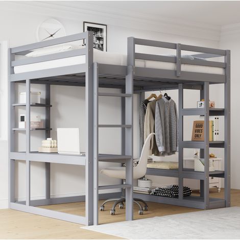 Bett Hochbett platzsparend 140x200 Holz Grau OKMYHOME (1/5)