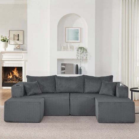 Canapé d'angle - KOMHTOM - L modulable - Velours côtelé gris - Réversible - 3 places (230×138×75 cm) (1/5)