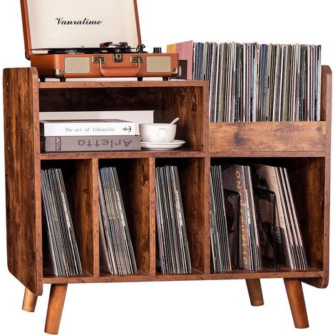 Record Player Stand, Large Turntable Table Cabinet with Open Vinyl Storage & Display Shelf, Holds Up to 350 Albums, Mid-Century Wooden Turntable Stand for Living Room & Bedroom (1/5)