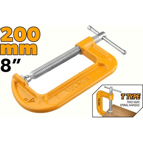 Étau type G 200 mm (8"), tige filetée galvanisée, revêtement en poudre orange, corps en fer forgé, ouverture maximale 200 mm, tige robuste, serrage puissant et durable, idéal pour la menuiserie et les (1/4)