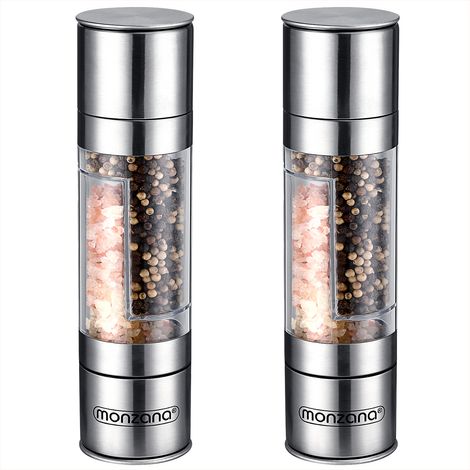 MONZANA® 2x 2in1 Stainless Steel Salt And Pepper Mill Set  Manual Ceramic Grinder Infinitely Adjustable  Spice Mill Brushed Stainless Steel Acrylic Glass Finish  BPA-Free Chili Grinder