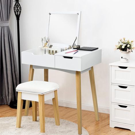 Goplus – Coiffeuse enfant en bois de pin et MDF – Miroir rabattable – 2 tiroirs de rangement – Dimensions 74 x 40 x 115 cm (1/5)