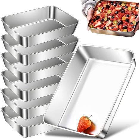Lot de 6 Plateau Inox Rectangulaire, Acier Inoxydable 25,5x20x5,5 cm, Empilable, Pour Pâtisserie Gratin