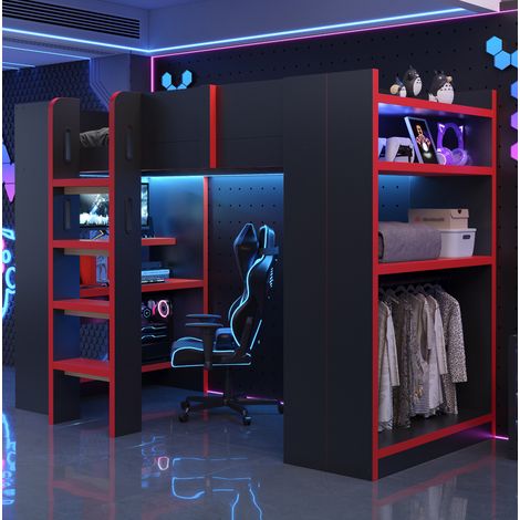 Letto a soppalco 90/200 cm nero e rosso con scrivania, LED e prese (1/5)