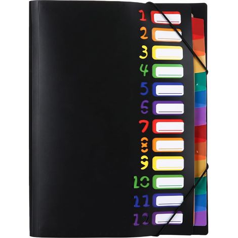 Porte-documents arc-en-ciel à 12 compartiments en polypropylène avec fermeture élastique, classeur extensible pour bureau - Extérieur noir avec onglets colorés (1/5)